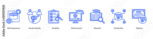 Inclusive Academic Research web banner icon vector illustration featuring Work Experience, Gender Identity, Disability, Online Course, Research, Scholarship, and Diploma.
