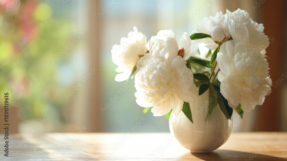 Fototapeta premium White peonies in a white vase on a sunlit wooden table. Concept Floral Still Life, White Peonies, Sunlit Tablescape, Minimalist Decor, Natural Light Photography