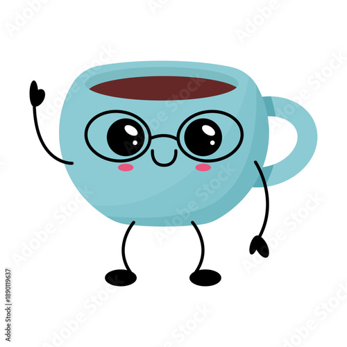 Cute Coffee Cup Character With Glasses Blue Mug Vector