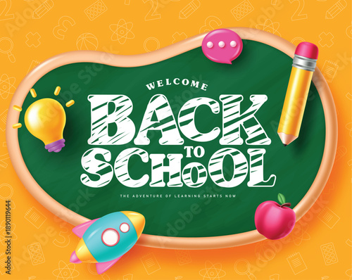Welcome Back to School Greeting Banner: Illustrated Green Chalkboard with Education Icons on Orange.