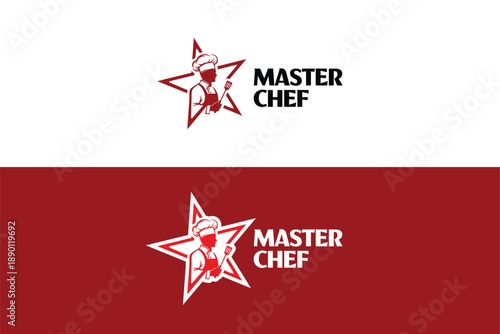 Master Chef Logo Design with Star and Cook Mascot Illustration