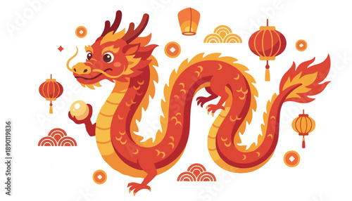 Chinese New Year Dragon Flat Vector Illustration with Lanterns