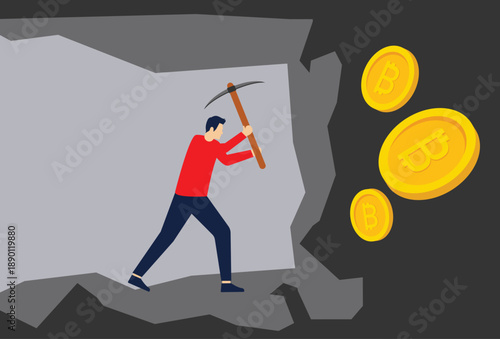 Businessman in cave mining bitcoins stock illustration

