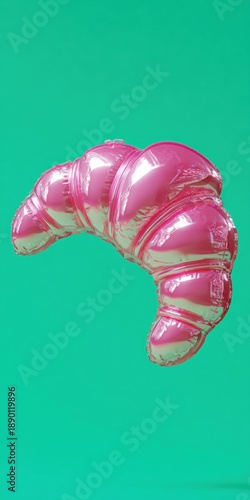 A surreal 3D art still life of a croissant made entirely of shiny, inflated pink vinyl plastic. Pink croissant-shaped balloon floating on a solid teal background