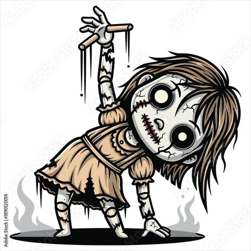 Creepy Broken Porcelain Doll Girl Controlled By Mysterious Supernatural Puppet Strings