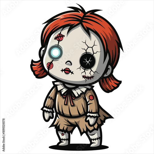 Eerie Red Haired Victorian Doll With Stitched Wounds And Glowing Eye