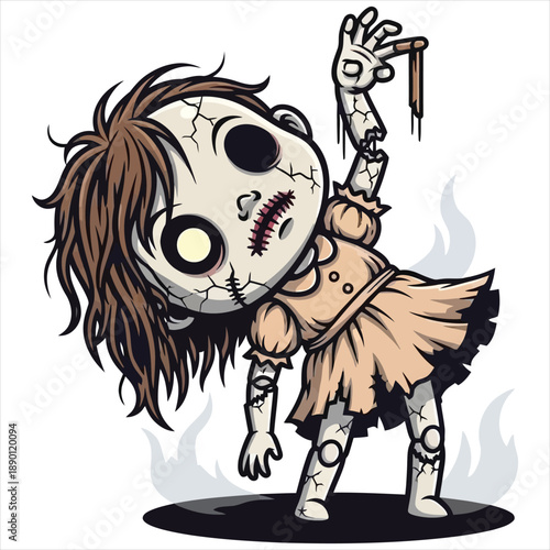 Disturbing Broken Marionette Girl Doll With Stitched Mouth And Glowing Eyes