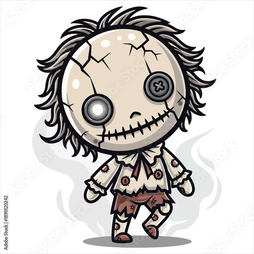 Creepy Chibi Ragdoll Scarecrow With Button Eyes And Cracked Mask