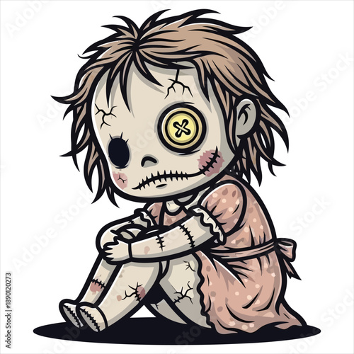 Melancholy Stitched Ragdoll Girl Sitting With Yellow Button Eye