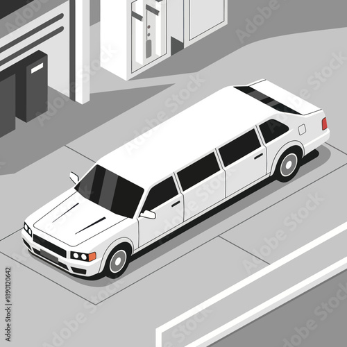 White Limousine Illustration Outside Luxury Building.