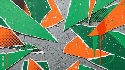 Abstract geometric pattern with orange and green shapes on textured gray background for modern art