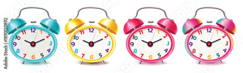 Set of Four Colorful Retro Twin-Bell Alarm Clocks: Cyan, Yellow, and Pink Timepiece Icons for Kids.