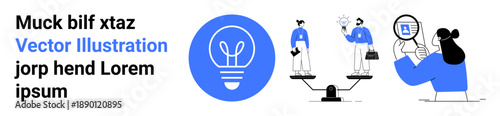 Teamwork, decision-making, innovation, business analysis, research, leadership. Blue lightbulb icon, people analyzing ideas balanced scale imagery. Innovation and business analysis concept