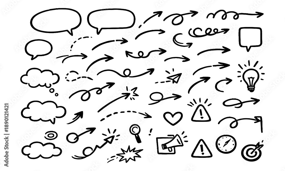 Naklejka premium Hand Drawn Arrows and Speech Bubbles Collection - Doodle Style Elements