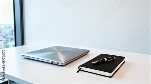 Closed laptop and notebook on modern white desk near large window