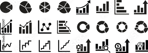 Business graphs and charts icons. Pie chart set, Circle icons for infographic. Statistics and analytics vector icon. Growing graph set. Statistic and data, charts diagrams icons set