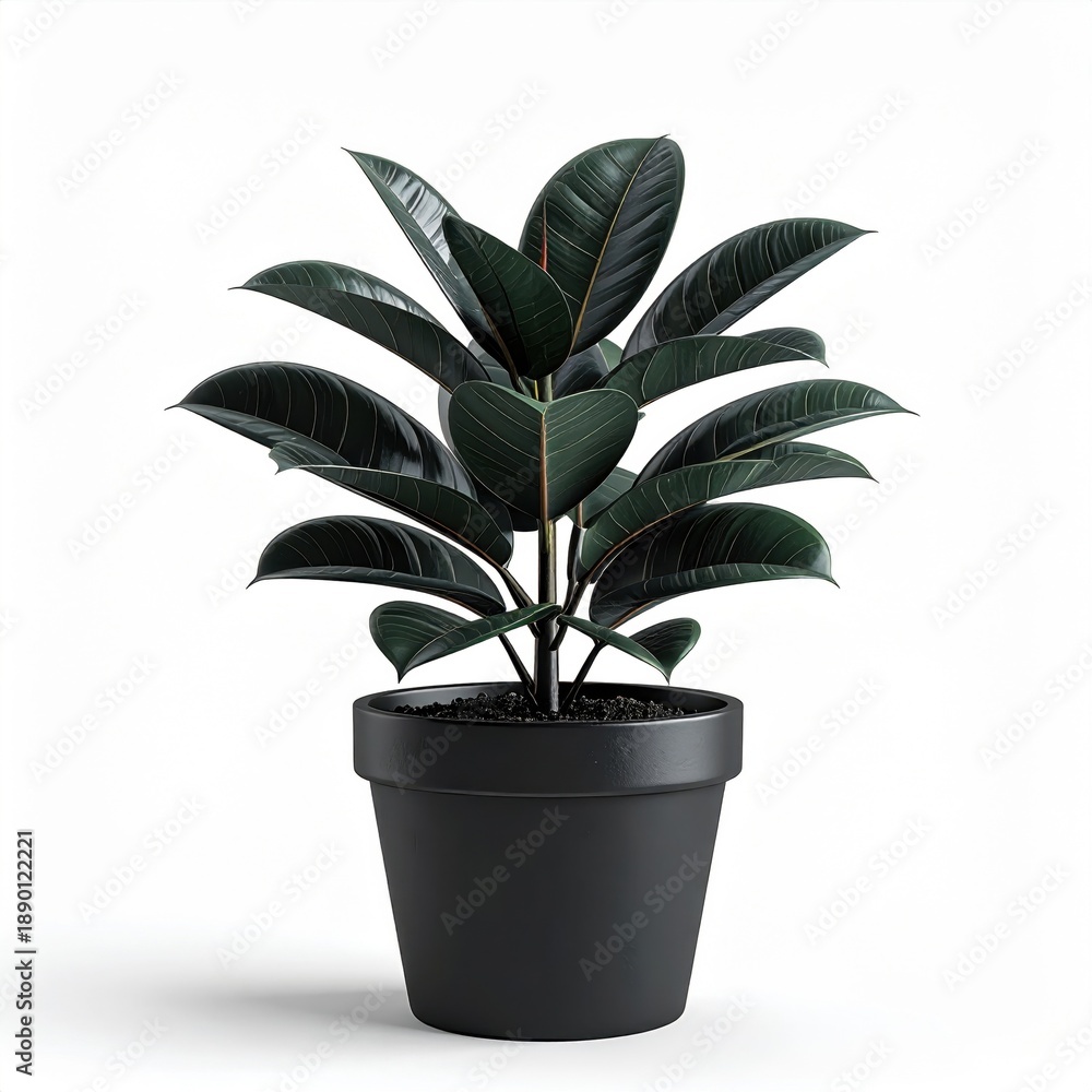 Obraz premium A Dark Green Rubber Plant With Glossy Oval Leaves In A Black Pot On A White Background