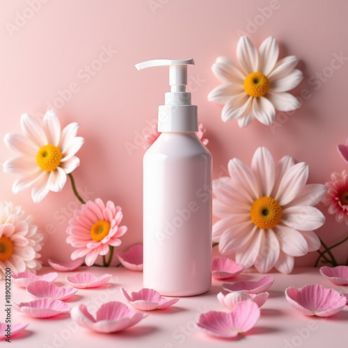 Cosmetic bottle on pastel background with flower petals, spring product mockup