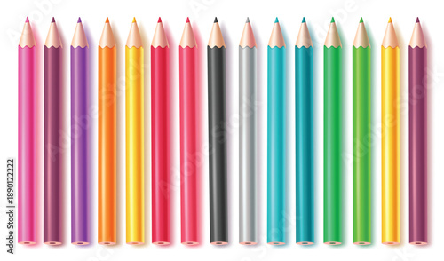Vibrant Set of 15 Multi-Colored Drawing Pencils Arranged in a Row: Artistic School Stationery.