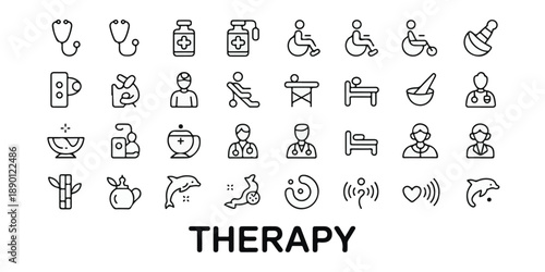 Comprehensive Healthcare and Medical Services Icon Set in Minimalist Line Art.