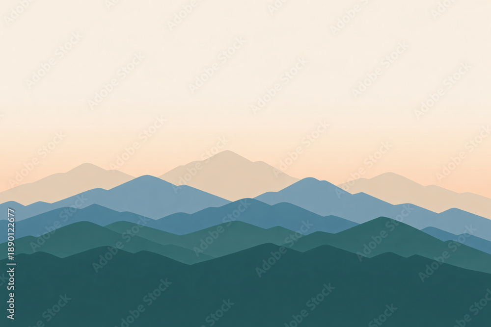 Fototapeta premium Minimal Layered Mountain Landscape Vector Background in Blue and Green Tones