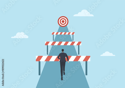 Businessman standing in front of many obstacles and barriers on the way to success. Business challenges.