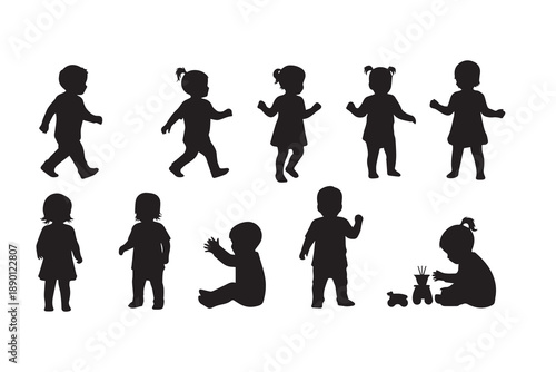 Toddler and Child Silhouette Icon Set – Playing, Walking, and Early Childhood Development Vector