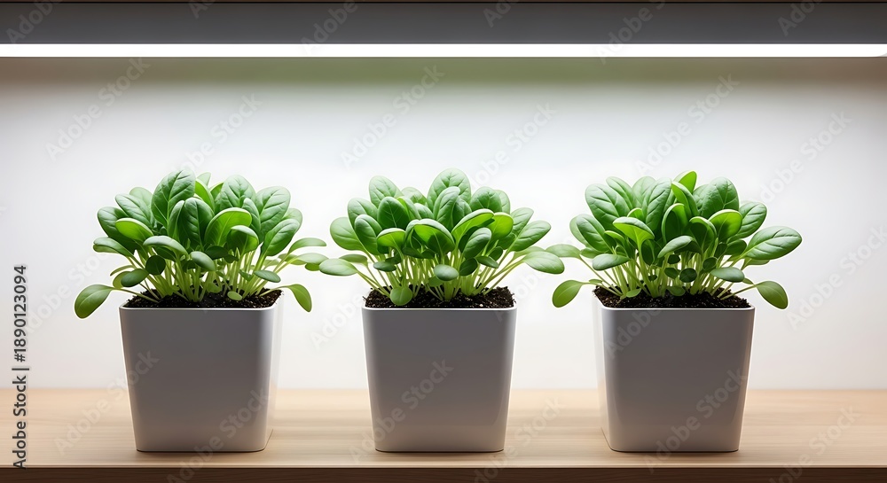 Fototapeta premium Three potted plants on a wooden shelf under light