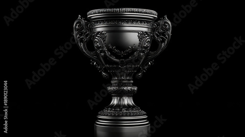 Ornate dark metal trophy with intricate baroque details on a black background