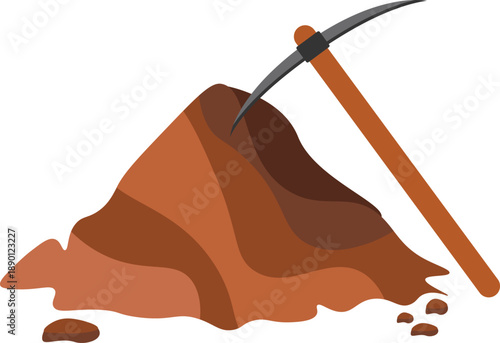 Dirt pile with a shovel. Brown geometric soil heap in cartoon style. Vector illustration isolated on a white background. Ground clipart for construction, agricultural, gardening designs.

