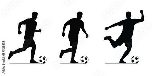 Set of Three Soccer Player Silhouettes in Motion with Footballs.