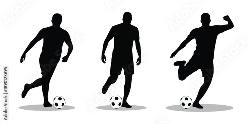Set of Three Soccer Player Silhouettes in Motion with Footballs.