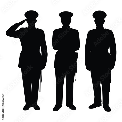 Set of Three Military Officer Silhouettes in Uniform and Formal Postures.
