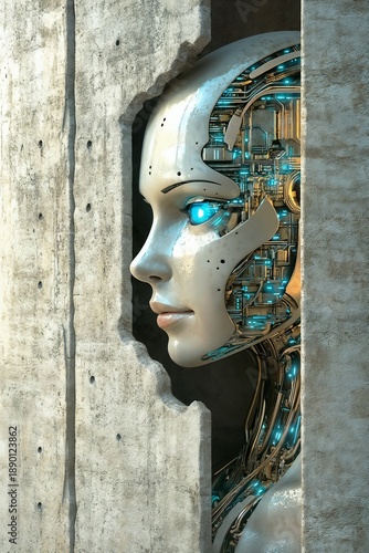 Robot with human features showing contrast and depth against a futuristic background, Psychological blogs, mentality knowledge, human inner contrasts, agreement with neuro