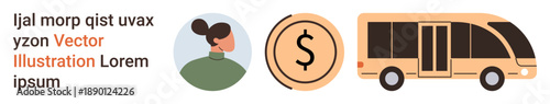Public transportation, financial savings, commuting, urban mobility, economy, travel. A bus, dollar symbol and person icon in flat style. Public transportation and financial savings concept