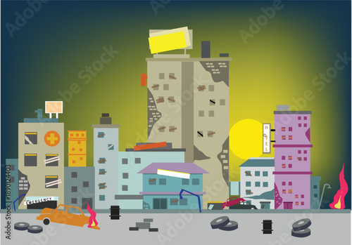 Abandoned buildings in a city. Editable Clip Art.