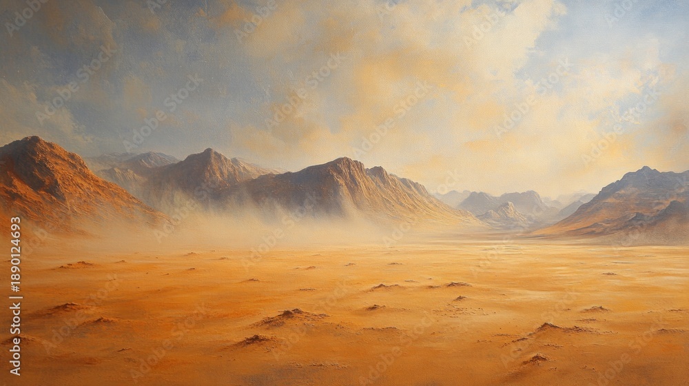 Naklejka premium The harsh landscape of arid desert and mountain ranges underlined by fog emphasises the threat of the climate crisis, making it ideal as a dramatic backdrop for environmental presentations.