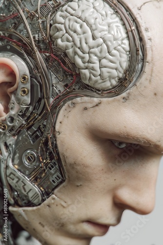 Robotic humanoid with intricate circuits conveying contemplation on a neutral background, Psychological blogs, mentality knowledge, human inner contrasts, agrrement with neuro