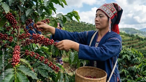 Woman Harvesting Coffee Berries in Field: An industrious woman, adorned in traditional attire, meticulously harvests ripe coffee berries from a lush coffee plant.