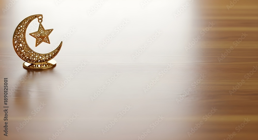 Obraz premium Golden Crescent Moon and Star Decoration on Wooden Background