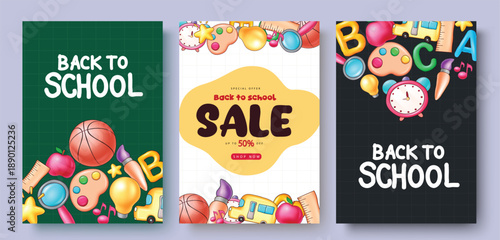 A professional set of three vertical layouts featuring a "Back to School Sale" promotion and academic themes. Includes colorful supply illustrations on green, white, and black backgrounds.