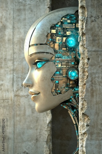 Cyborg face with glowing blue eyes emerging from a concrete wall, Psychological blogs, mentality knowledge, human inner contrasts, agrrement with neuro