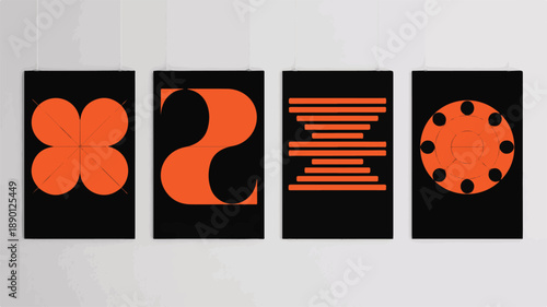 A set of four minimalist geometric designs on black backgrounds viewed from directly above