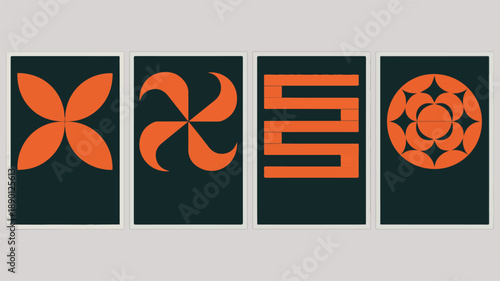 Modern abstract art prints in a grid with geometric shapes and symbols, a contemporary wall decor featuring minimalist designs