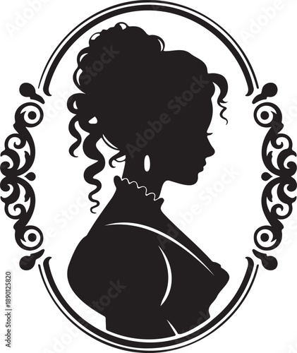 Vintage Aristocrat Woman Silhouette in Ornate Circle Border Classic Regency Era Portrait