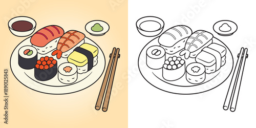 Cute sushi set coloring page for kids featuring assorted sushi on a plate with chopsticks in clean cartoon style. Bold line art. Main object and background are separated, not combined in one layer.