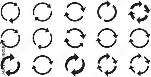 Circle Arrow Icon Vector Set – Circular Arrows for Refresh, Reload, Recycle, Repeat, Loop, Synchronize, Update, Rotation, and Restart Functions Illustration.