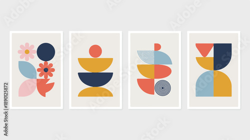 Modern geometric abstract art prints in grid layout, featuring minimalist shapes in muted coral, navy, and blue palette
