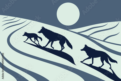 A pack of wolves hunting under a sliver of moon in a desolate, icy landscape.
