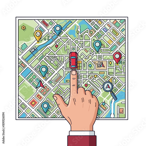 A finger points to a red car on a digital city map with navigation pins and a magnifying glass icon.